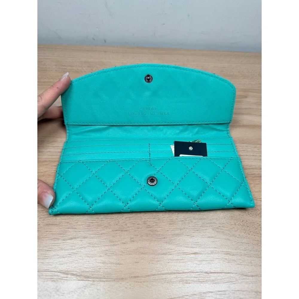 Studio Badgley Mischka Wallet Womens OS Green Teal Diamond Quilted Vegan Leather